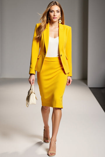 Yellow Bodycon Two-piece Notched Lapel Work Dress with Long Sleeves